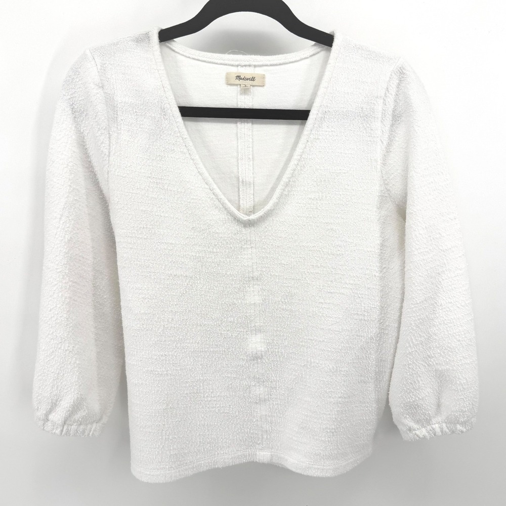 Madewell Top Women Large White V-Neck 3/4 Balloon Sleeve Coastal Minimalist Boho